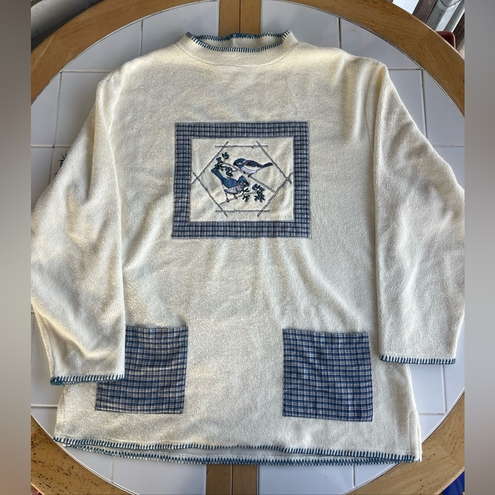 Vintage BellePointe Fleece Blue Bird Sweater Large Cottagecore Country Pullover